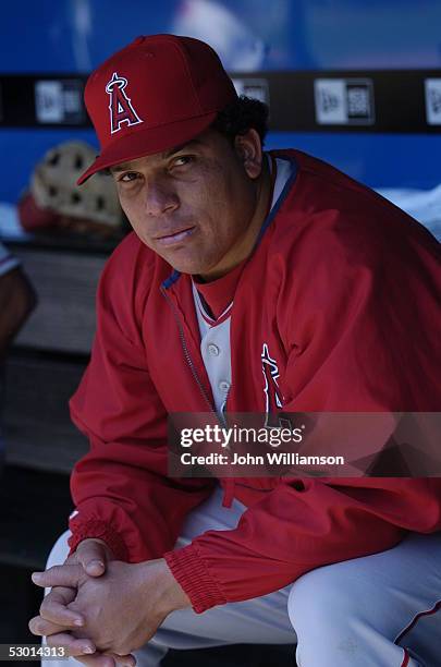 Pitcher Bartolo Colon of the Los Angeles Angels sits in the dugout before the game against the Texas Rangers at Ameriquest Field in Arlington on...