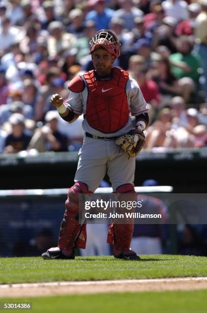 Catcher Bengie Molina of the Los Angeles Angels plays in the field during the game against the Texas Rangers at Ameriquest Field in Arlington on...