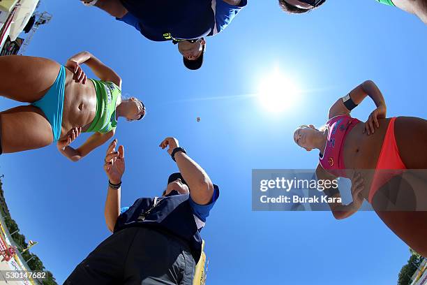 Ukraine vs Czech Republic during the coin toss prior to the qualification match in the 1st day of the FIVB Antalya Open beach volley tournament. May...