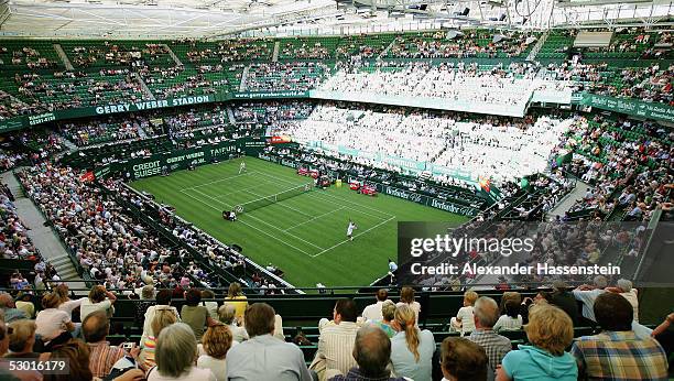 General view of the Gerry Weber Stadium during the Gerry Weber Open show match between Boris Becker of Germany and Thomas Muster of Austria on June...