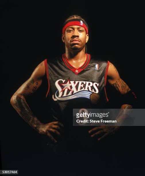 Allen Iverson of the Philadelphia 76ers poses for a portrait during NBA Media Day at the 76ers Practice Facility circa October of 2004 in...