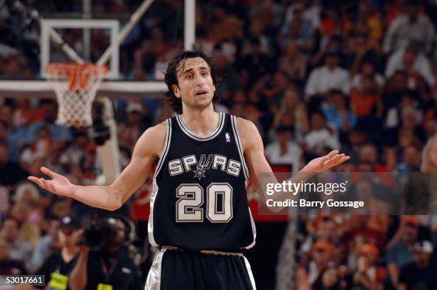 Manu Ginobili of the San Antonio Spurs reacts during Game two of the Western Conference Finals during the 2005 NBA Playoffs with the Phoenix Suns at...