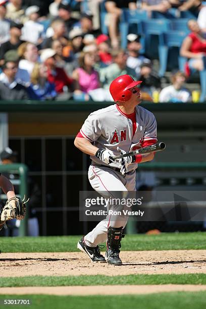 Dallas McPherson, #23 of the Los Angeles Angels at bat during the game against the Chicago White Sox at U.S. Cellular Field on May 30, 2005 in...