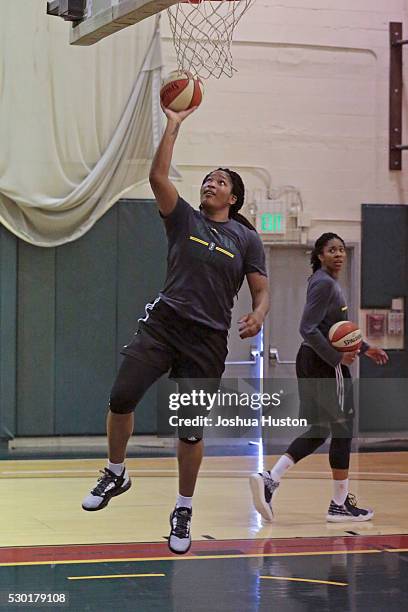 Markeisha Gatling of the Seattle Storm drives to the basket during an all access practice event at Key Arena in Seattle, Washington on May 6, 2016....