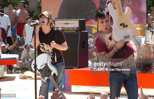 Patrick Stump and Pete Wentz of Fall Out Boy perform at MTV TRL's Summer on the Strip at the Hard Rock Casino on June 3, 2005 in Las Vegas, Nevada. .