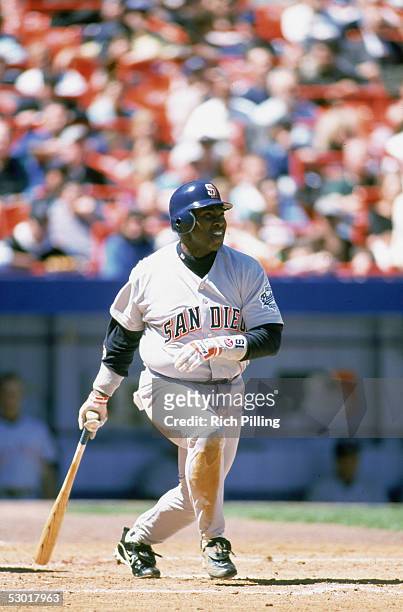 Tony Gwynn of the San Diego Padres watches the flight of the ball during a game in April 29, 1999. Tony Gwynn played for the San Diego Padres from...