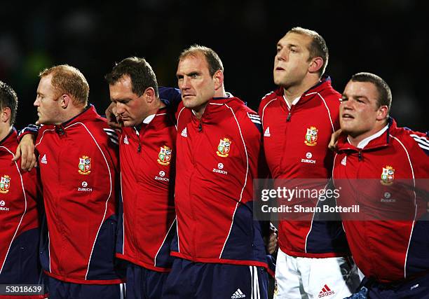 Lawrence Dallaglio of the Lions lines up for the anthems before the match between British and Irish Lions and Bay of Plenty at the Rotorua...