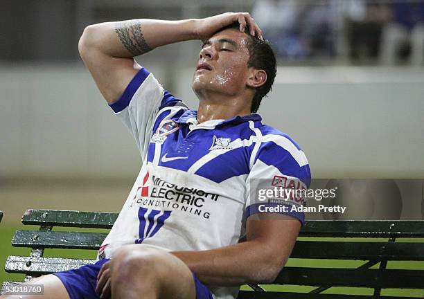 Sonny Bill Williams of the Bulldogs in pain after being injured during the round 13 NRL match between the Bulldogs and the South Sydney Rabbitohs at...