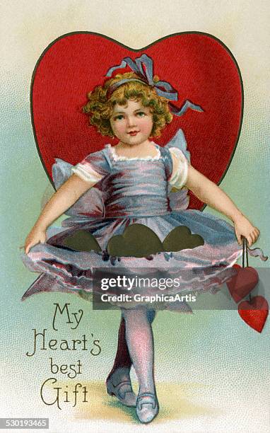 Victorian Valentine's Day illustration of a curtsying girl in a lavender dress, in front of a large red heart , c 1910.