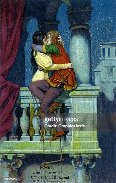 Vintage illustration of Romeo and Juliet kissing passionately on Juliet's balcony, from the Shakespeare play , 1926.