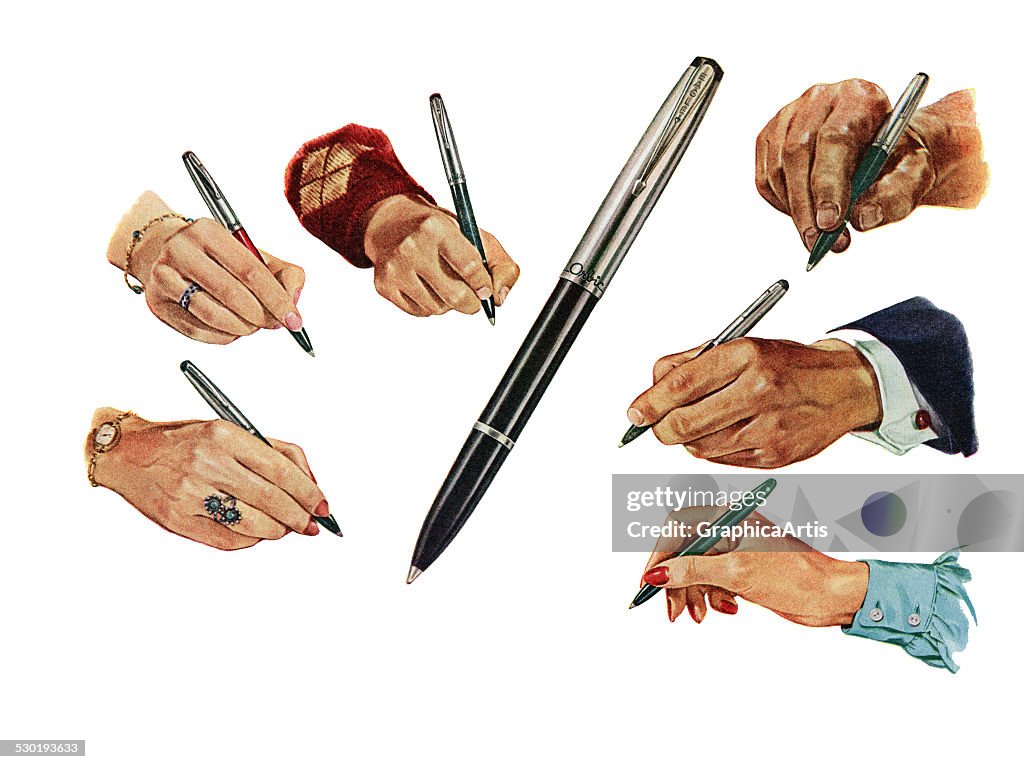 Six Hands Writing With Pens