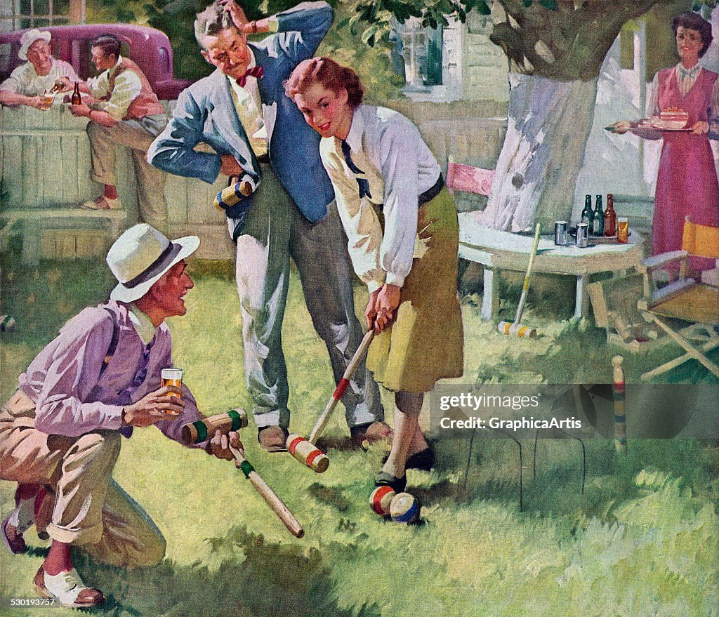 Croquet Players In A Back Yard