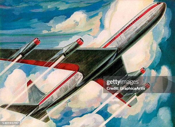 Vintage illustration of a 1950s passenger jet climbing rapidly into the sky , 1954.