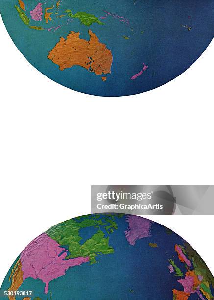 Vintage illustration of the northern and southern hemispheres of the Earth facing each other , 1959.