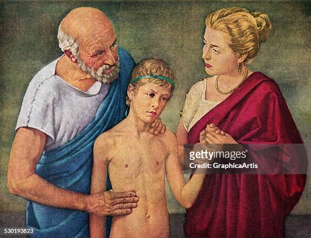 Vintage illustration of Hippocrates and his wife attending to the medical needs of a sick young boy , 1959.