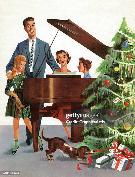 Retro illustration of a family at a piano singing carols by their Christmas tree , 1957.