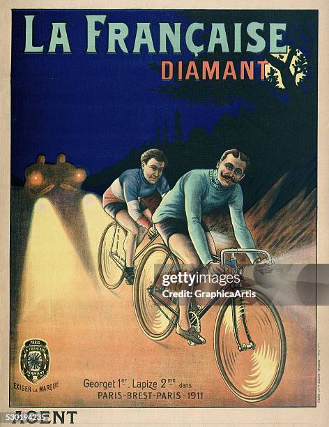 Vintage poster for Diamant bicycles, with Emile Georget winning a Tour de France stage for the French cycling team , 1911.