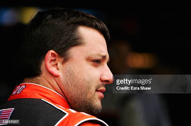 Tony Stewart, driver of the Home Depot Chevrolet car, before practice for the MBNA RacePoints 400 on June 4 at the Dover Internation Speedway in...