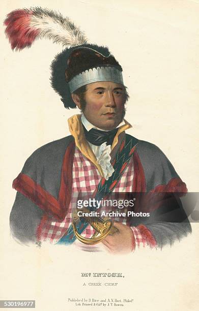 Engraved portrait of William McIntosh , also known as Tustunnuggee Hutke , a prominent chief of the Creek Nation, circa 1840.