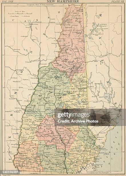 Color contour map of the US state of New Hampshire, published in the Encyclopedia Britannica, circa 1890.