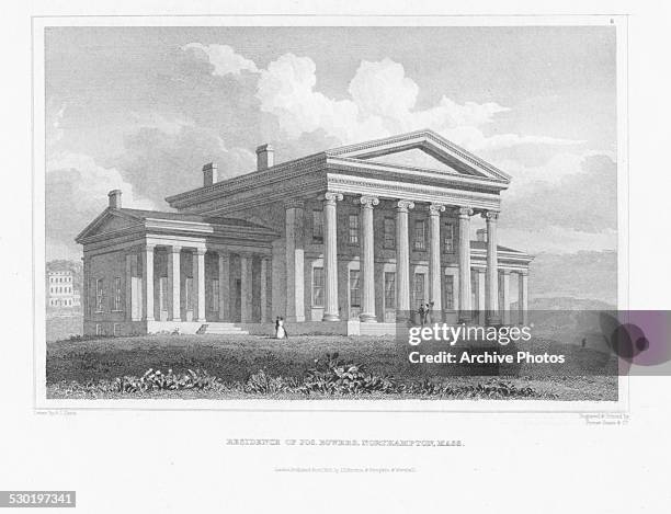Engraved view of the residence of Jos Bowers, Northampton, Massachusetts, circa 1850. Engraved by Fenner Sears and Co from the original by A J Davis.