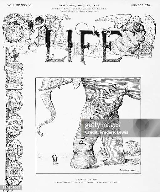 Engraved front cover of Life Magazine, with a cartoon depicting a huge elephant representing the Philippine War, published July 27th 1899.