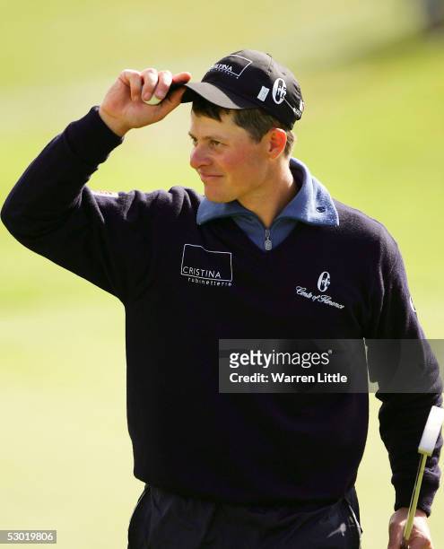 Alessandro Tadini of Italy acknowledges the crowd on the 18th green during the third round of The Celtic Manor Wales Open 2005 at The Celtic Manor...