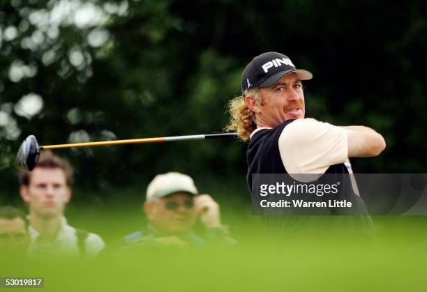 Miguel Angel Jimenez of Spain tees off on the 16th hole during the third round of The Celtic Manor Wales Open 2005 at The Celtic Manor Resort on June...