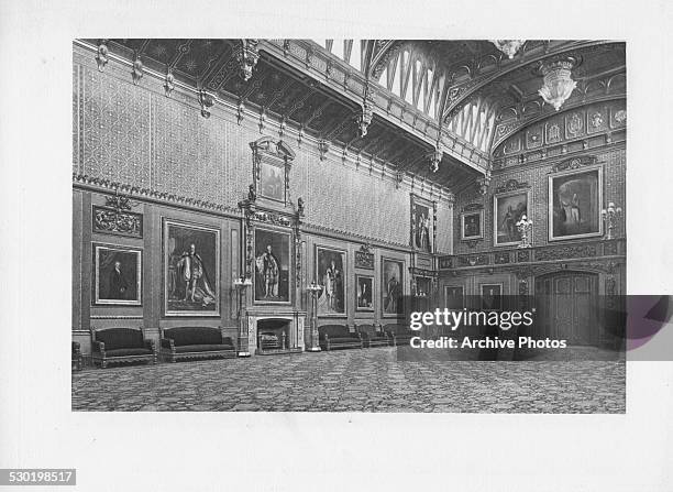Engraved view of the ballroom at Balmoral Castle, the estate of Queen Victoria, Scotland, circa 1900.
