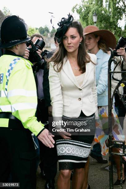Kate Middleton, Prince William's girlfriend arrives at the society wedding of Hugh Van Cutsem Junior to Rose Astor at Burford Parish Church on June...