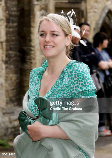 Laura Parker-Bowles, among guests at the society wedding of Hugh Van Cutsem Junior to Rose Astor at Burford Parish Church on June 4, 2005 in Burford,...