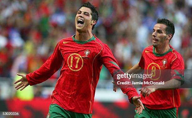 Cristiano Ronaldo celebrates his goal for Portugal during the 2006 World Cup, Group 3 qualification match between Portugal and Slovakia at the...