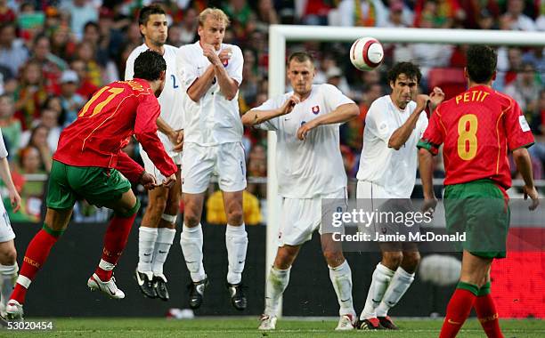 Cristiano Ronaldo scores his goal for Portugal during the 2006 World Cup, Group 3 qualification match between Portugal and Slovakia at the Estadio da...