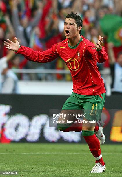 Cristiano Ronaldo celebrates his goal for Portugal during the 2006 World Cup, Group 3 qualification match between Portugal and Slovakia at the...