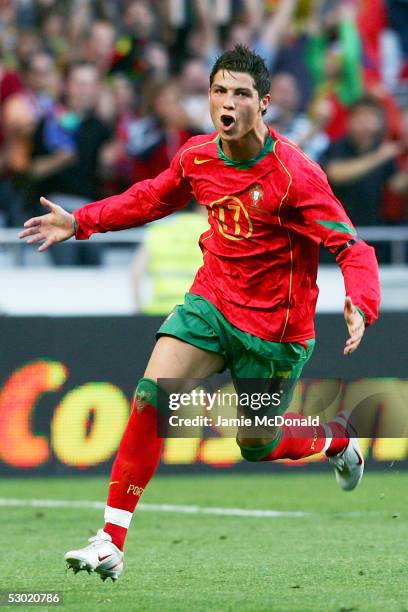 Cristiano Ronaldo celebrates his goal for Portugal during the 2006 World Cup, Group 3 qualification match between Portugal and Slovakia at the...