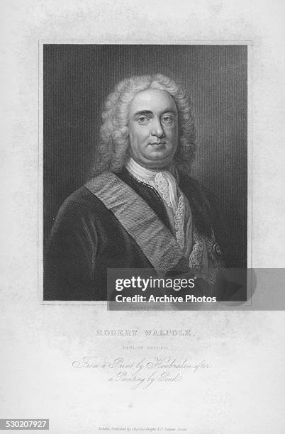 Engraved portrait of British Prime Minister Sir Robert Walpole, circa 1730. Engraved by H B Hall from the original by Pond.