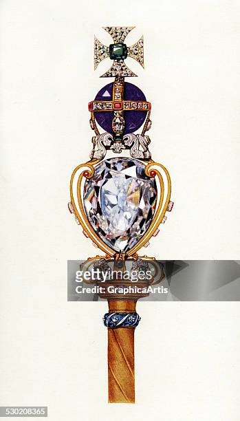 Vintage illustration of the King's Royal Scepter, part of the Crown Jewels of England , 1919. The sceptre features Cullinan I, known as the Great...