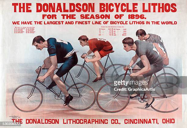 Vintage poster for Donaldson bicycles of racers speeding on a racecourse , 1896.