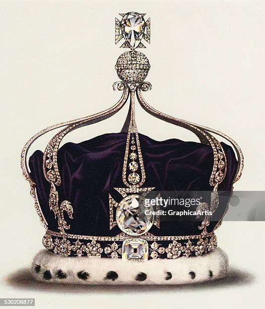 Vintage illustration of the State Crown of Queen Mary, Consort of George V, part of the Crown Jewels of England , 1919. The crown contains 2,200...