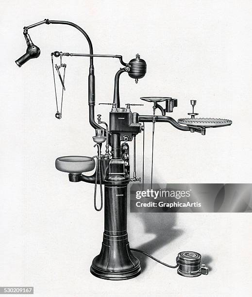 Vintage illustration of old-fashioned dentist equipment, with drill, x-ray, spitting bowl and other tools , 1923.