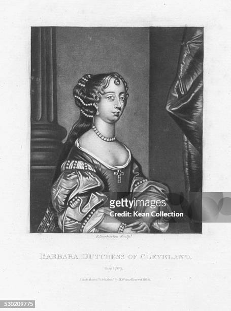 Engraved portrait of Barbara Palmer, Duchess of Cleveland and courtesan from the family Villiers, circa 1670. Engraved by R Dunkarton.