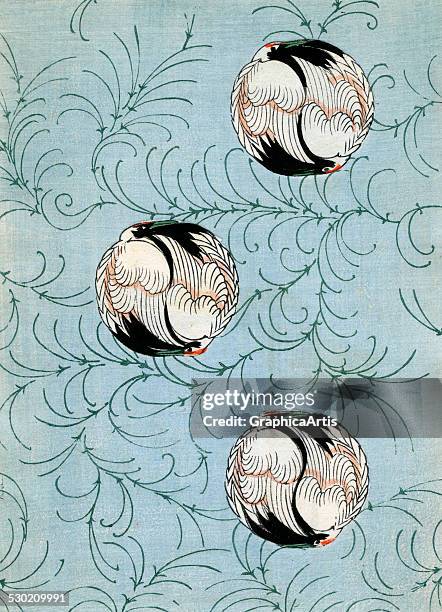 Vintage illustration of curled cranes on a blue abstract background, from a Japanese pattern book for kimono design , 1882.