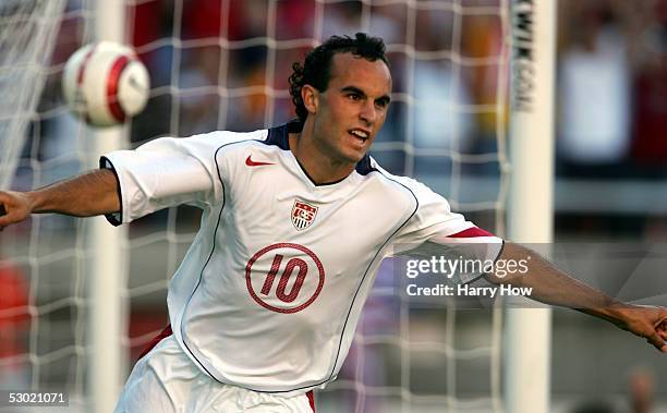 Landon Donovan of USA celebrates his second goal of the game against Costa Rica during the second half of the CONCACAF World Cup qualifying match at...