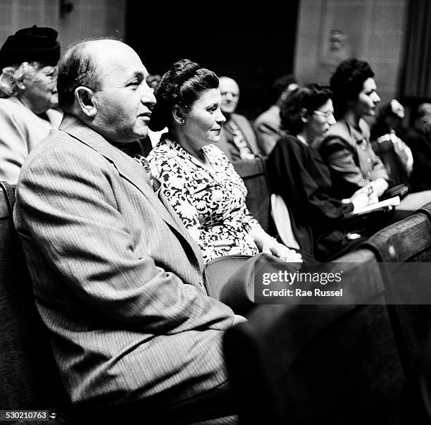 View of the crowd watching a concert sponsored by WNYC radio and held at the Brooklyn Museum, Brooklyn, New York, New York, 1947.