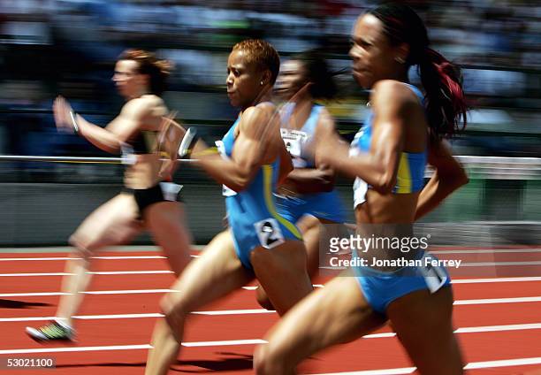 LaTasha Colander runs to a second place finish in the Women's 100m during the 2005 Nike Prefontaine Classic Grand Prix on June 4, 2005 at Hayward...