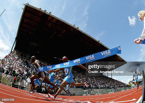Michael Blackwood crosses the finish line in first in the Men's 400m during the 2005 Nike Prefontaine Classic Grand Prix on June 4, 2005 at Hayward...