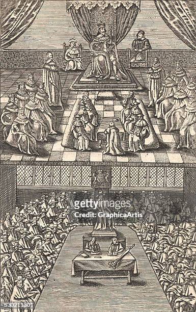 Antique print of the House of Lords and House of Commons in session during the reign of King Charles I , c 1640.