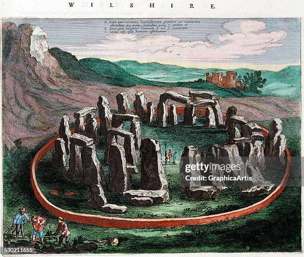 Antique print of the ring of megaliths at Stonehenge, published in the Atlas Van Loon , 1668.