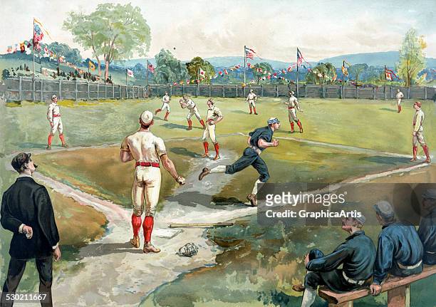 Vintage print of a runner rounding the bases in an early New York baseball game , 1891. Published in New York by Louis Prang & Company.