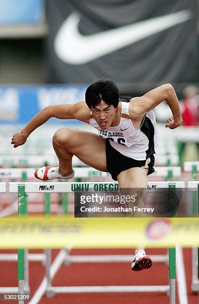Liu Xiang runs to victory in the Men's 110m Hurdles during the 2005 Nike Prefontaine Classic Grand Prix on June 4, 2005 at Hayward Field in Eugene,...